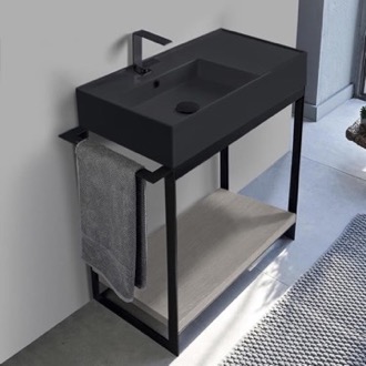 Console Bathroom Vanity Console Sink Vanity With Matte Black Ceramic Sink and Grey Oak Shelf, 35